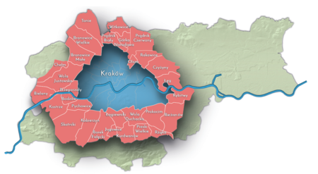 Etap I:
poszerzenie granic w 1941 roku

Na planie obrazującym dzisiejsze granice Krakowa powierzchnia miasta do 1941 roku (kolor niebieski) oraz tereny przyłączone do miasta
w 1941 roku (kolor czerwony). Tereny te stały się kolejnymi dzielnicami (gminami) katastralnymi Krakowa: XXIII. Łagiewniki;
XXIV. Jugowice; XXV. Borek Fałęcki; XXVI. Kobierzyn; XXVII. Skotniki; XXVIII. Pychowice; XXIX. Bodzów; XXX. Kostrze;
XXXI. Przegorzały; XXXII. Bielany; XXXIII. Wola Justowska; XXXIV. Chełm; XXXV. Bronowice Małe; XXXVI. Bronowice Wielkie;
XXXVII. Tonie; XXXVIII. Prądnik Biały; XXXIX. Witkowice; XL. Górka Narodowa; XLI. Prądnik Czerwony; XLII. Olsza;
XLIII. Rakowice; XLIV. Czyżyny; XLV. Łęg; XLVI. Rybitwy; XLVIII. Rżąka; XLIX. Prokocim; L. Wola Duchacka; LI. Piaski Wielkie;
LII. Kurdwanów. Przyłączono do miasta także część Bieżanowa, na zachód od drogi Rybitwy–Bieżanów–Rżąka, jako XLVII dzielnicę
(gminę) katastralną, jednak całkowite włączenie tej wsi (gromady) nastąpiło dopiero w 1973 roku. Przyłączono także zachodnią część wsi
(gromady) Bieńczyce, należącą do obrębu ówczesnego lotniska krakowskiego; całość Bieńczyc znalazła się w granicach Krakowa w 1951 roku.