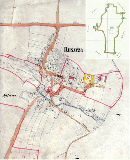 Centrum Ruszczy na mapie katastralnej sporządzonej dla gminy katastralnej Ruszcza w 1847 roku oraz pochodzący
z 1848 roku plan sytuacyjny z wyrysowanymi granicami gminy Ruszcza i lokalizacją gmin sąsiadujących
(Archiwum Narodowe w Krakowie, sygn. K. Krak. 536 II; sygn. WM 563a, nlb.)