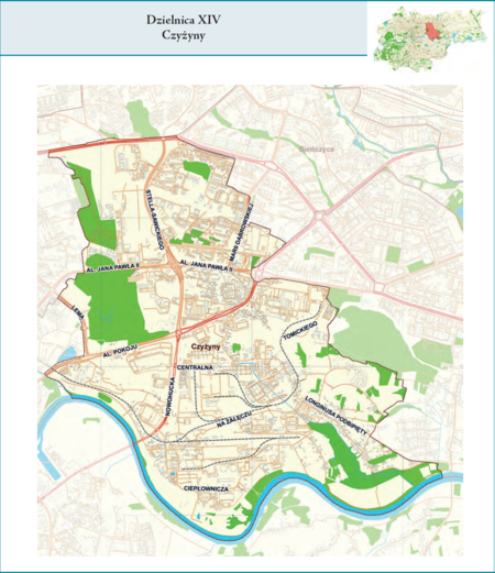 Dzielnica XIV Czyżyny według stanu z 2017 r. na przywołanym wcześniej planie miasta z tego samego roku – dzielnica samorządowa
o powierzchni 12,26 km² (udział 3,75% w całej powierzchni miasta), położona na terenach historycznych jednostek katastralnych:
Czyżyny i Łęg, po części także Rakowice i Dąbie, fragmentami Prądnik Czerwony Bieńczyce, Mogiła i Płaszów
(vide plan na s. 239). Opis przebiegu granic tej dzielnicy podano na następnej stronie.