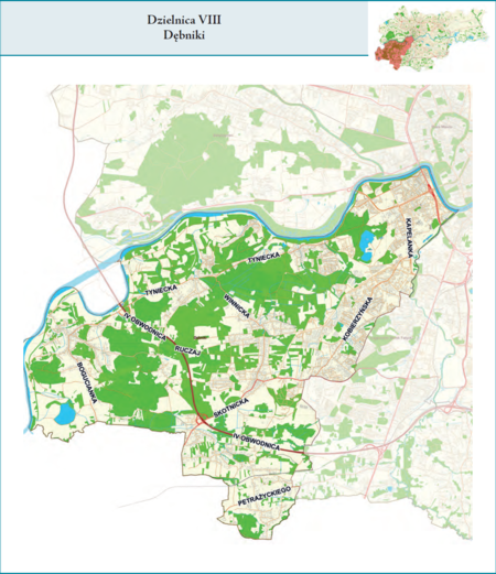 Dzielnica VIII Dębniki według stanu z 2017 r. na przywołanym wcześniej planie miasta z tego samego roku – dzielnica samorządowa
o powierzchni 46,19 km² (udział 14,13% w całej powierzchni miasta), położona na terenach historycznych jednostek katastralnych:
Dębniki, Zakrzówek, Sidzina, Skotniki, Tyniec, Kostrze, Bodzów i Pychowice, po części także Ludwinów i Kobierzyn,
fragmentami Borek Fałęcki, Opatkowice i Libertów (vide plan na s. 239).
Opis przebiegu granic tej dzielnicy podano na następnej stronie.