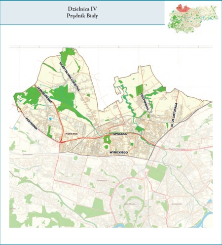 Dzielnica IV Prądnik Biały według stanu z 2017 r. na przywołanym wcześniej planie miasta z tego samego roku – dzielnica samorządowa
o powierzchni 23,42 km² (udział 7,16% w całej powierzchni miasta), położona na terenach historycznych jednostek katastralnych: Prądnik
Biały, Bronowice Wielkie, Tonie, Witkowice, Górka Narodowa, po części także Krowodrza i Prądnik Czerwony, fragmentem Bronowice
Małe (vide plan na s. 239). Opis przebiegu granic tej dzielnicy podano na następnej stronie.