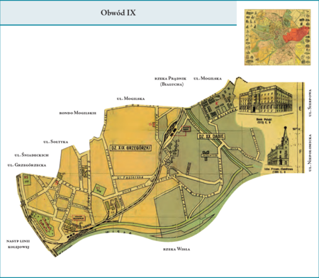 Obwód IX według stanu z listopada 1928 r. na przywołanym wcześniej planie miasta z 1934 r. – w granice tej dzielnicy
administracyjnej, którą stanowił Obwód IX, weszły dzielnice katastralne XIX–Grzegórzki i XX–Dąbie z Beszczem i Głębinowem.
Od zachodu granica Obwodu IX zakreślona była nasypem linii kolejowej do Płaszowa, od południa wyznaczały ją ulice Grzegórzecka,
Śniadeckich, Sołtyka, rondo Mogilskie od strony wylotu al. Powstania Warszawskiego, od wschodu Obwód sięgał granicy miasta
na wysokości ulic Sierpowej, Zajęczej i wylotu ul. Niepołomickiej, natomiast od północy granicę wytyczała rzeka Wisła.
Użyte tutaj i przy powyższym planie dzielnicy nazwy terenowe podano według nazewnictwa obowiązującego aktualnie.