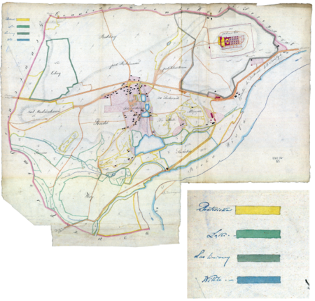 Z Archiwum Wolnego Miasta Krakowa mapa wsi Bielany w oryginale wyrysowana w 1820 roku przez Karola Bełcikowskiego,
geometrę rządowego, tu w kopii wykonanej przez Teofila Żebrawskiego – oraz powiększenie ocalałego fragmentu legendy
(Archiwum Narodowe w Krakowie, sygn. 29/200/65)