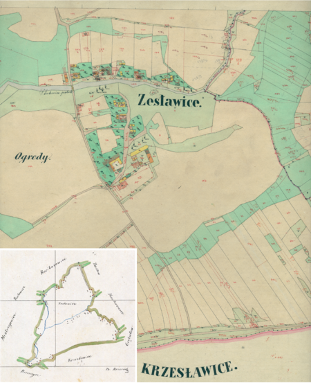 Centrum Zesławic na mapie katastralnej sporządzonej dla gminy katastralnej Zesławice w 1848 roku oraz pochodzący
z lat 1847–1848 plan sytuacyjny z wyrysowanymi granicami gminy Zesławice i lokalizacją gmin sąsiadujących
(Archiwum Narodowe w Krakowie, sygn. K. Krak. 753 IV; sygn. WM 563a, s. 24)