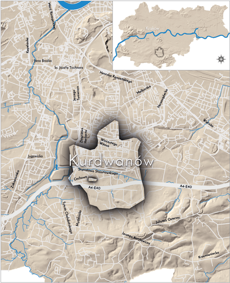 Orientacyjna lokalizacja dawnej wsi Kurdwanów w obecnych granicach Krakowa – na planie miasta oznaczono
jej położenie w kształcie wyznaczonym granicami jednostki katastralnej, jaką stanowiła, ze wskazaniem najstarszego,
historycznego centrum Kurdwanowa w rejonie dzisiejszej ulicy Cechowej