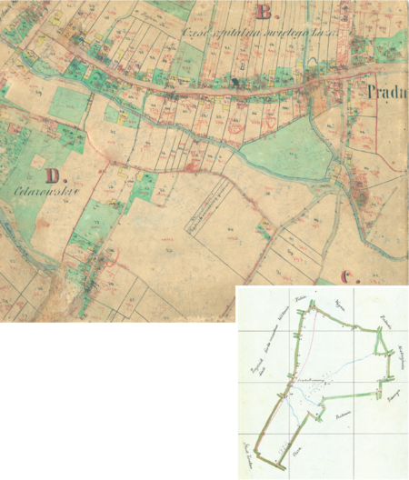 Centrum Prądnika Czerwonego na szkicu indykacyjnym sporządzonym w 1871 roku dla gminy katastralnej Prądnik Czerwony oraz
pochodzący z lat 1847–1848 plan sytuacyjny z wyrysowanymi granicami gminy Prądnik Czerwony i lokalizacją gmin sąsiadujących
(Archiwum Narodowe w Krakowie, sygn. KPK 196; sygn. WM 563a, nlb.)