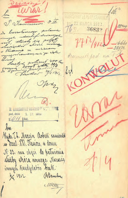 Z akt magistrackich Stróże nocni w dzielnicach przyłączonych 1910–1921
dokument pochodzący z roku 1912, w którym zastępca komisarza Bolesław
Dembowski przedstawia kandydata do służby stróża nocnego w Płaszowie
(Archiwum Narodowe w Krakowie, sygn. Kr 6800, nlb)