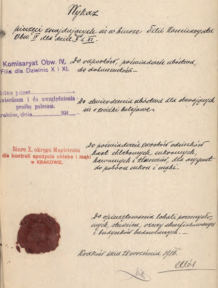 Z akt magistrackich pierwsza strona składanego w 1916 r. przez zastępcę komisarza
Tomasza Mola wykazu pieczęci używanych w Filii Miejskiego Komisariatu Obwodu IV
(Archiwum Narodowe w Krakowie, sygn. IT 1038, nlb)