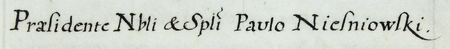 Z urzędowego spisu rajców obejmującego lata 1363–1802 fragment strony 41 z wpisem z 1709 roku o wyborze do rady
miejskiej na miejsce po zmarłym Stanisławie Michale Segnitzu (nr 538) nowego rajcy Stanisława Węgrzynowicza (nr 580),
czego dokonano za kadencji burmistrzowskiej Pawła Nieśniowskiego – oraz powiększenie zapisu imienia i funkcji burmistrza
(Archiwum Państwowe w Krakowie, sygn. rkps 1477, s. 41)