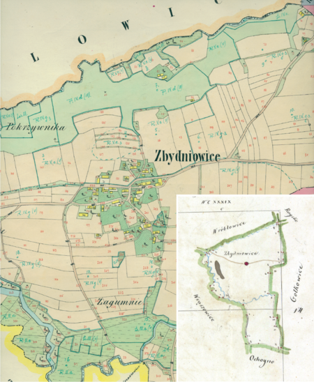 Centrum Zbydniowic na mapie katastralnej sporządzonej dla gminy katastralnej Zbydniowice w 1849 roku oraz pochodzący
z 1845 roku plan sytuacyjny z wyrysowanymi granicami gminy Zbydniowice oraz lokalizacją gmin sąsiadujących
(Archiwum Narodowe w Krakowie, sygn. K. Krak. 745; sygn. K. Krak. op. 176, s. 1)