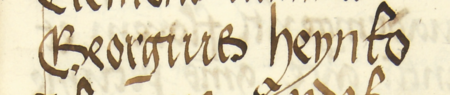 Z księgi radzieckiej Kazimierza obejmującej lata 1481–1508: fragment wpisu dokumentującego
wybór rady urzędującej na rok 1484, z Jerzym Henkiem w składzie – zbliżenie zapisu imienia
(Archiwum Narodowe w Krakowie, sygn. K 7, s. 83)