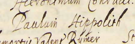 Z księgi radzieckiej obejmującej lata 1612–1621 fragment strony 199 z wykazem rajców urzędujących
wybranych na rok 1614, wśród których znajduje się Paweł Hippolit – oraz powiększenie zapisu imienia
(Archiwum Państwowe w Krakowie, sygn. rkps 458, s. 199)