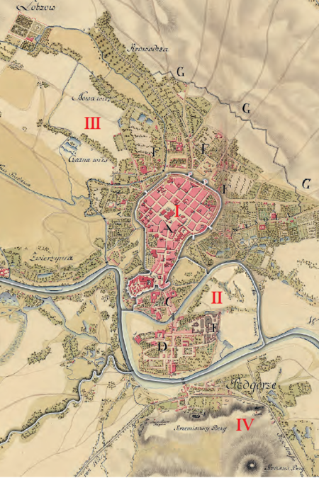 Podział Krakowa na 4 gminy według stanu z roku 1811, po przyłączeniu do Krakowa miasta Podgórza, na planie miasta Krakowa
i jego przedmieść Situationsplan der Stadt Cracau und ihrer Vorstädte z 1809 r. Podstawa rysunku granic gmin: vide s. 102
(Österreichisches Staatsarchiv, Kriegsarchiv, sygn. G Ih 333)