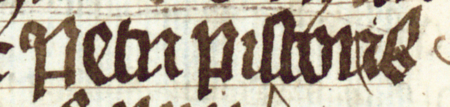 Z księgi radzieckiej Kazimierza obejmującej lata 1416–1433: fragment wpisu dokumentującego wybór rajców na rok 1422,
z Piotrem piekarzem w składzie – zbliżenie zapisu imienia (Biblioteka Jagiellońska, sygn. rkps 1045/2, k. 97v)