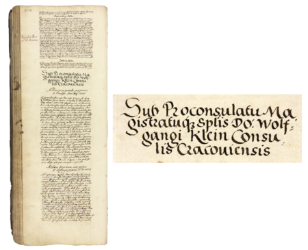 Z księgi radzieckiej obejmującej lata 1581–1584 strona 454 z nagłówkiem otwierającym wpisy spraw prowadzonych
za kadencji burmistrzowskiej Wolfanga Kleina w 1583 roku – oraz powiększenie zapisu imienia i funkcji burmistrza
(Archiwum Państwowe w Krakowie, sygn. rkps 448, s. 454)