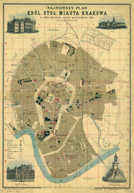 Plan Krakowa autorstwa Wincentego Wdowiszewskiego, wydany w 1898 roku – w około sto lat po przyłączeniu do Krakowa miast Kleparza
i Kazimierza oraz jurydyk, jak też w niespełna 20 lat przed realizacją idei Wielkiego Krakowa, czyli przyłączeniem sąsiadujących gmin i miasta Podgórza. Na planie widoczne Kleparz i Kazimierz jako dzielnice miasta V i VIII, po jurydykach postały ślady w nazwach: ulice Podzamcze, Smoleńska, Garbarska, Biskupia, Szlak, Pędzichów, Lubicz, Radziwiłłowska, plac Na Groblach oraz dzielnica VI Wesoła (ta ostatnia nazwa miała też szerszą konotację). Kazimierskie przedmieście Stradom upamiętniono w nazwie ulicy Stradomskiej. Na zewnątrz granic Krakowa gminy – miejska Podgórze oraz wiejskie – istniejące jeszcze jako odrębne podmioty (ze zbiorów prywatnych)