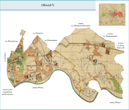 Obwód V według stanu z roku 1941 na przywołanym wcześniej planie miasta z 1943 r. – dzielnica administracyjna obejmująca
w całości tereny dzielnic katastralnych XIX–Grzegórzki, XX–Dąbie, XLIV–Czyżyny i XLV–Łęg oraz częściowo tereny dzielnic
katastralnych VI–Wesoła (pozostała część w Obwodzie I) i XVIII–Warszawskie (pozostała część w Obwodzie IV). W obręb
dzielnicy włączono tereny między ul. Rakowicką a al. Beliny-Prażmowskiego (wcześniej należały do Obwodu IV), wyłączono
za to tereny dworca kolejowego (przesunięto je do Obwodu IV). Poza tymi zmianami powierzchnia dzielnicy po stronie zachodniej
odpowiadała tej z poprzedniego podziału. Wschodnią jej część stanowiły natomiast tereny Czyżyn i Łęgu, przyłączone do miasta
w 1941 r. (widoczna na planie wyżej żółta linia biegnąca południkowo to dawna granica miasta sprzed 1941 r.).