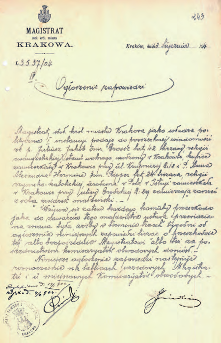 Z akt ślubów cywilnych 1894–1913 ogłoszenie zapowiedzi z roku 1903, gdzie na dole adnotacja
o wywieszeniu i zdjęciu ogłoszenia z tablicy ogłoszeń wraz z terminami dokonania tych czynności –
przy adnotacji podpis komisarza Franciszka Górskiego
(Archiwum Narodowe w Krakowie, sygn. Kr 2467, s. 243)