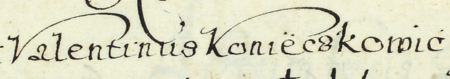 Z księgi radzieckiej Kazmierza obejmującej lata 1603–1604: wpis dokumentujący dokonany przez Mikołaja Opackiego,
wielkorządcę krakowskiego, wybór członków rady urzędującej na rok 1607, z Walentym Konieczkowiczem, reprezentantem
Stradomia, w składzie – oraz zbliżenie zapisu imienia (Archiwum Narodowe w Krakowie, sygn. K 30, s. 120)