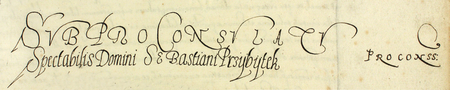 Z księgi radzieckiej obejmującej lata 1598–1601 strony 66–67 z nagłówkiem otwierającym wpisy spraw prowadzonych
za kadencji burmistrzowskiej Sebastiana Przybytka w 1598 roku – oraz powiększenie zapisu imienia i funkcji burmistrza
(Archiwum Państwowe w Krakowie, sygn. rkps 455, s. 66–67)