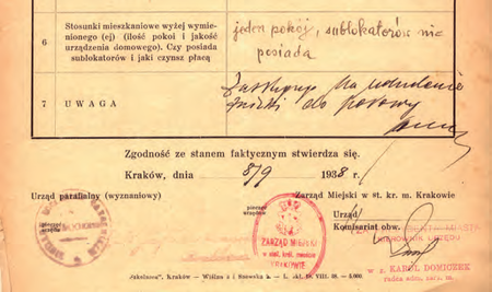 Z magistrackich akt cmetarzy krakowskich fragment wystawionego w 1938 r. świadectwa ubóstwa –
poświadczenie sygnował kierownik Karol Domiczek
(Archiwum Narodowe w Krakowie, sygn. Cm 523, nlb)