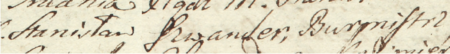 Z akt sądowych wielkorządcy krakowskiego obejmujących lata 1697–1726: fragment wpisu dokumentującego
sprawę z roku 1705 dotyczącą szpitala św. Leonarda w Kazimierzu, reprezentowanego przez Stanisława Szwandera,
ówczesnego burmistrza miasta i prowizora tego szpitala – zbliżenie zapisu imienia i funkcji
(Archiwum Narodowe w Krakowie, sygn. Teut. 77, s. 1161)