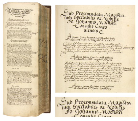 Z księgi radzieckiej obejmującej lata 1575–1580 strona 451 z nagłówkiem wpisów spraw prowadzonych
za kadencji burmistrzowskiej Jana Morsztyna w 1576 roku – oraz powiększenie zapisu imienia i funkcji burmistrza
(Archiwum Państwowe w Krakowie, sygn. rkps 447, s. 451)