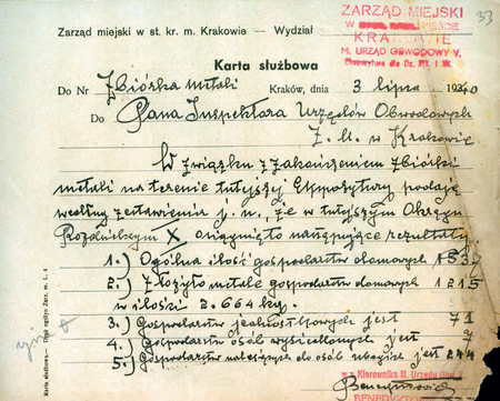 Z akt Starostwa Miejskiego Krakowskiego karta służbowa – notatka z 1940 r.
zastępcy kierownika Mariana Benedyktowicza dotycząca akcji zbiórki metali
(Archiwum Narodowe w Krakowie, sygn. SMKr 78, s. 33)