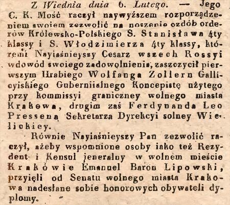 Przykładowa notka prasowa („Gazeta Lwowska” z 1920 r., nr 23), w której na nazwanie osób, którym przyznano
obywatelstwo Wolnego Miasta Krakowa w 1819 r. za zasługi, użyto pojęcia „honorowi obywatele”;
oficjalnie Senat WMK terminu tego, obecnego w życiu publicznym, nie używał, ponieważ nie operowała nim Konstytucja WMK z 1818 r.
