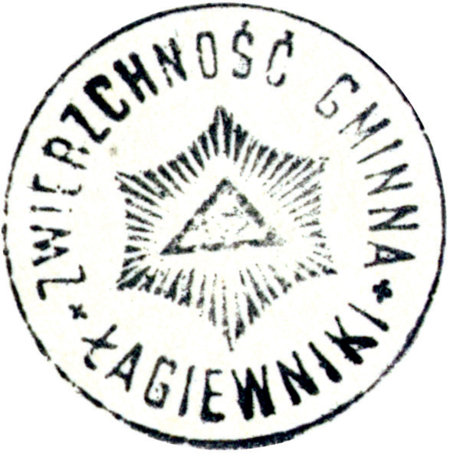 (1901)
Odciski pieczęci urzędowych Łagiewnik z lat
1819, 1843, 1901 i 1934
(CPAHU we Lwowie, sygn. fond 20, opis 8,
sprawa 150; Archiwum Narodowe w Krakowie,
sygn. K. Krak. op. 83, s. 11;
sygn. Kr 7950, nlb.)