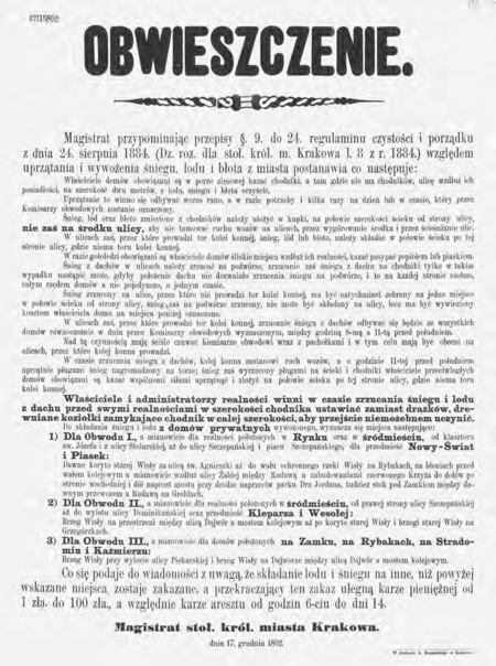 Plakat z obwieszczeniem podanym do wiadomości w 1892 r., dotyczącym spraw porządkowych; podział miasta
na dzielnice administracyjne – obwody wykorzystano tu do przestrzennego określenia właściwej dla przedmiotu
obwieszczenia części miasta
(Archiwum Narodowe w Krakowie, sygn. 29-665-176)