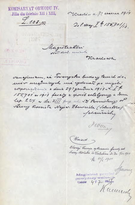 Z akt magistrackich Towarzystwo Urzędników – budowa willi przy kościele św. Salwatora
w Dzielnicy XIII 1911–1925 dokument pochodzący z roku 1914 – wystąpienie zastępcy
komisarza Leona Scheuricha w sprawie nieestetycznej fasady domu przy ul. św. Bronisławy,
postawionego przez jedno z towarzystw budowy tanich domów
(Archiwum Narodowe w Krakowie, sygn. Kr 7689, nlb)