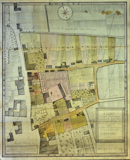 Wyrysowana w 1788 roku Mappa Jurydyki Szlak zwaney w granicach Miasta Kleparza leżącey, należącey do Probostwa Świętego Floriana –
w lewym dolnym rogu rynek kleparski, powyżej kościół św. Floriana i biegnąca na północ Droga ku Prądnikowi, dzisiejsza ul. Warszawska; tereny
jurydyki zaznaczone kolorami (Archiwum Kurii Metropolitalnej w Krakowie, sygn. Zbiór map, K 3)