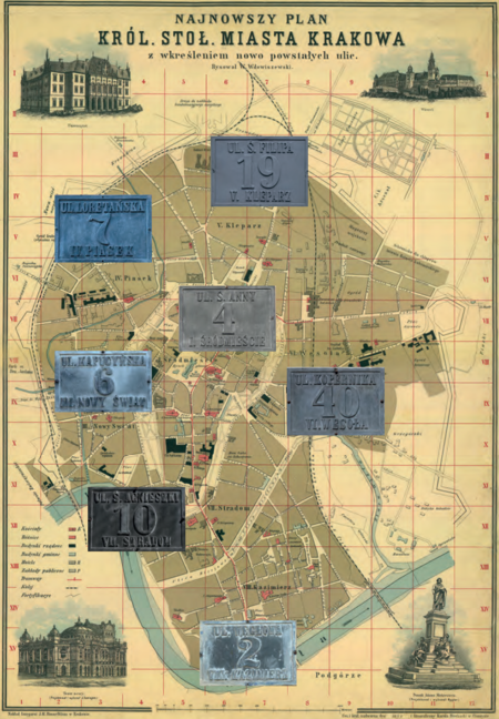 Na planie Krakowa z 1898 r., zwanym „planem Wdowiszewskiego”, kolekcja zachowanych jeszcze na krakowskich
kamienicach cynowych tabliczek orientacyjnych z numerami domów usytuowanych w poszczególnych dzielnicach
katastralnych (bez Dzielnicy II Wawel, gdzie oznakowania przepadły). Wzór tych tabliczek wprowadzono w 1881 r.
(z mocą od 1882 r.), gdy zmieniono w mieście ponumerowanie domów, przechodząc z numeracji ciągłej w obrębie poszczególnych
dzielnic katastralnych na obowiązującą także i dzisiaj numerację w ramach poszczególnych ulic
(plan miasta: Muzeum Historyczne Miasta Krakowa, nr inw. 40/T/VIIIa)