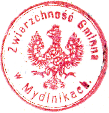 (1925)
Odciski pieczęci urzędowych Mydlnik
z lat 1865, 1925 i 1947
(Archiwum Narodowe w Krakowie,
sygn. T.Schn. 1104, nlb.;
sygn. PUZKr 53, nlb.; sygn. Gm. Zab. 9, s. 963)