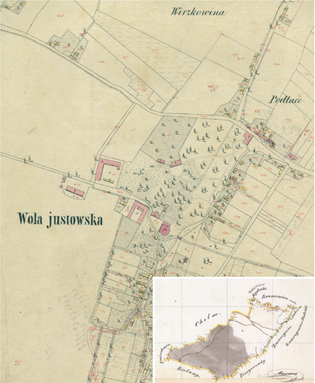 Centrum Woli Justowskiej na mapie katastralnej sporządzonej dla gminy katastralnej Wola Justowska w 1850 roku oraz pochodzący
z lat 1847–1848 plan sytuacyjny z wyrysowanymi granicami gminy Wola Justowska i lokalizacją gmin sąsiadujących
(Archiwum Narodowe w Krakowie, sygn. K. Krak. 686 III; sygn. WM 563a, nlb.)