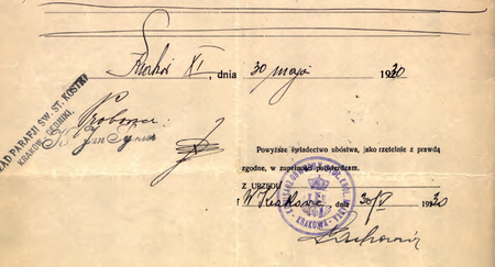 Z akt cmentarzy krakowskich fragment świadectwa ubóstwa z 1930 r. –
poświadczenie złożone przez komisarza Adama Lachowicza
(Archiwum Narodowe w Krakowie, sygn. Cm 415, s. 35)