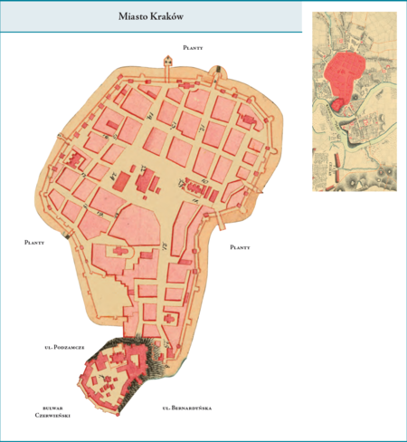 Miasto Kraków – dzielnica śródmiejska obejmująca tzw. „miasto w obrębie murów” wraz ze wzgórzem wawelskim
i Zamkiem według stanu z roku 1802 na przywołanym wcześniej planie miasta z 1792 r. Użyte przy powyższym
planie dzielnicy nazwy terenowe podano według nazewnictwa obowiązującego aktualnie.