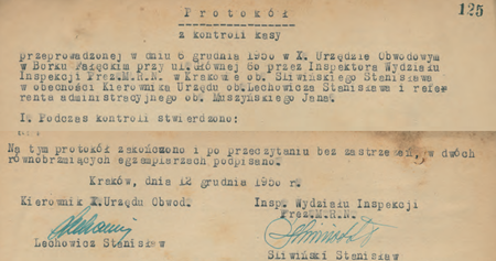 Z akt magistrackich fragmenty początkowy i końcowy protokołu z kontroli kasy
przeprowadzonej w 1950 r. przy udziale kierownika Stanisława Lechowicza
(Archiwum Narodowe w Krakowie, sygn. 29-701-795, nlb)