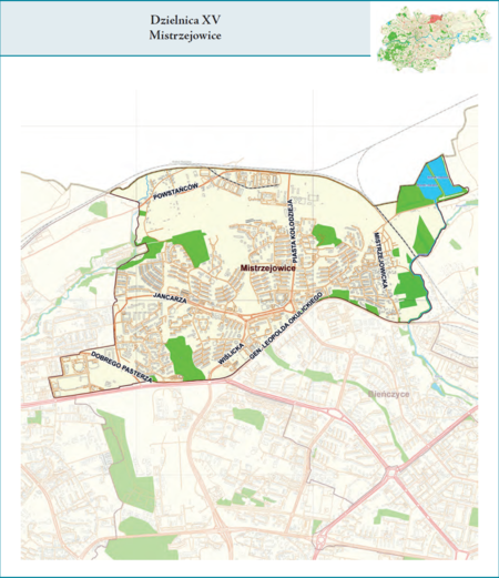 Dzielnica XV Mistrzejowice według stanu z 2017 r. na przywołanym wcześniej planie miasta z tego samego roku – dzielnica samorządowa
o powierzchni 5,59 km² (udział 1,71% w całej powierzchni miasta), położona na terenach historycznych jednostek katastralnych:
Mistrzejowice i Batowice, po części także Prądnik Czerwony (vide plan na s. 239).
Opis przebiegu granic tej dzielnicy podano na następnej stronie.