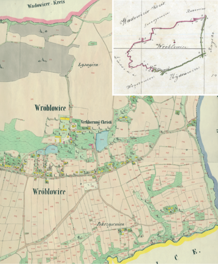 Centrum Wróblowic na mapie katastralnej sporządzonej dla gminy katastralnej Wróblowice w 1849 roku oraz pochodzący
z 1846 roku plan sytuacyjny z wyrysowanymi granicami gminy Wróblowice i lokalizacją gmin sąsiadujących
(Archiwum Narodowe w Krakowie, sygn. K. Krak. 703 II, III; sygn. K. Krak. op. 166, s. 1)