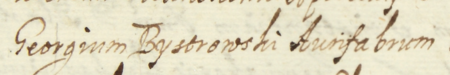Z księgi radzieckiej Kazimierza obejmującej lata 1620–1622: wpis dokumentujący dokonany w roku 1620
wybór Jerzego Bystrowskego w skład rady miejskiej Kazimierza – oraz zbliżenie zapisu imienia i profesji
(Archiwum Narodowe w Krakowie,
sygn. K 35, s. 469)
