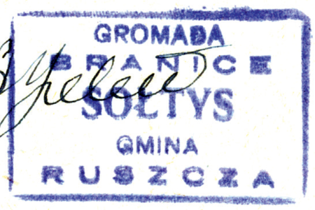 (1949)
Odciski pieczęci urzędowych Branic
z lat 1860, 1906, 1927 i 1949
(Archiwum Narodowe w Krakowie,
sygn. 29/456/195, nlb.; sygn. PUZKr 45,
s. 28; sygn. 29/205/69a, nlb.;
sygn. Gm. Ru. 13, s. 533)