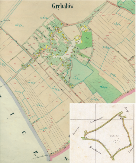 Centrum Grębałowa na mapie katastralnej sporządzonej dla gminy katastralnej Grębałów w 1850 roku oraz pochodzący
z lat 1847–1848 plan sytuacyjny z wyrysowanymi granicami gminy Grębałów i lokalizacją gmin sąsiadujących
(Archiwum Narodowe w Krakowie, sygn. K. Krak. 190 II; sygn. WM 562, s. 1219)