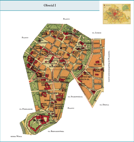 Obwód I według stanu z roku 1938 na przywołanym wcześniej planie miasta z ok. 1939 r. – centralna dzielnica śródmiejska
obejmująca stare miasto w obrębie Plant wraz z Wawelem oraz po wschodniej stronie fragmentem terenu dawnego Przedmieścia
Wesoła, od ul. Lubicz na północy po ul. Starowiślną na południu, od wschodu ograniczona nasypem linii kolejowej biegnącej
w kierunku Płaszowa, jak też fragmentem ul. Dietla. Podział administracyjny miasta z roku 1938 po raz pierwszy od 1816 r.
nie naruszał integralności powierzchni starego miasta w obrębie murów (Plant), z kolei po raz pierwszy od 1838 r. nie oddzielał
Wawelu od śródmieścia, przypisując go do dzielnicy kazimierskiej, jak to było w podziałach poprzednich.