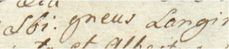 Z kopiarza przywilejów: fragment wpisu przywileju dotyczącego jeziora położonego we wsi Zabłocie,
którego udzielili rajcowie kazimierscy, ze Zbigniewem Langim w składzie – zbliżenie zapisu imienia
(Biblioteka Jagiellońska, sygn. rkps 136, s. 14)