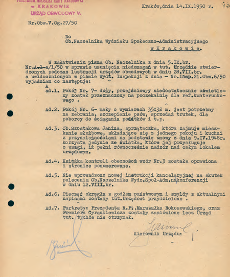 Z akt prezydialnych Miejskiej Rady Narodowej w Krakowie pochodzący z 1950 r. raport
z wykonania zaleceń pokontrolnych sporządzony przez kierownika Franciszka Jasionowskiego
(Archiwum Narodowe w Krakowie, sygn. 29-701-795, nlb)