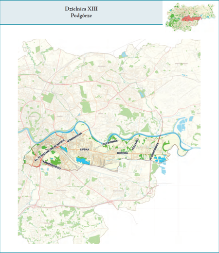 Dzielnica XIII Podgórze według stanu z 2017 r. na przywołanym wcześniej planie miasta z tego samego roku – dzielnica samorządowa
o powierzchni 25,67 km² (udział 7,85% w całej powierzchni miasta), położona na terenach historycznych jednostek katastralnych:
Podgórze, Płaszów, Rybitwy i Przewóz, po części także Wola Duchacka, Prokocim i Bieżanów, fragmentami Ludwinów i Łagiewniki
(vide plan na s. 239). Opis przebiegu granic tej dzielnicy podano na następnej stronie.