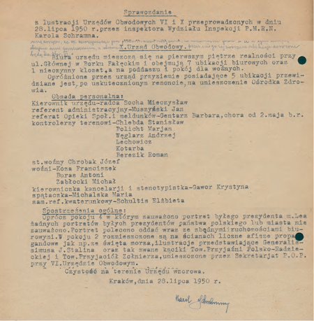 Z akt prezydialnych Miejskiej Rady Narodowej w Krakowie pochodzące z 1950 r. fragmenty
sprawozdania z lustracji urzędów obwodowych, gdzie wymieniono kierownika Mieczysława Sochę
(Archiwum Narodowe w Krakowie, sygn. 29-701-795, nlb)