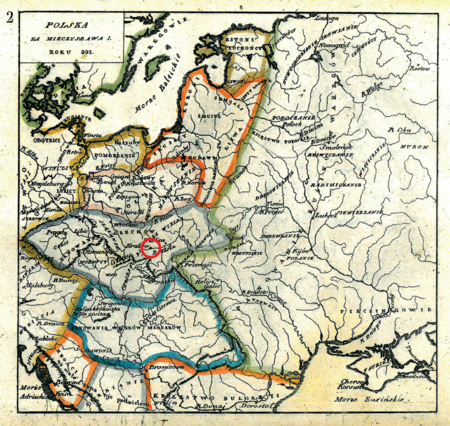 Mapa nr 2
Terytorium ziemi krakowskiej na mapie przedstawiającej państwo Mieszka I, według oryginalnego tytułu w 992 roku – tu mylnie
Kraków i Małopolska jeszcze w granicach państwa czeskiego; Mieszko I przyłączył te ziemie do swojego państwa przed 992 rokiem,
najdalej w roku 990, odbierając Małopolskę po wojnie polsko-czeskiej prowadzonej z księciem czeskim Bolesławem II Pobożnym
(vide podpis pod mapką na s. 170)